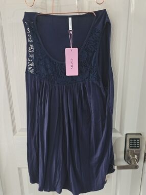 Cathy Navy Lace Yoke Sleeveless Knit Tunic